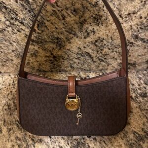 Michael Kors Chocolate Brown MK Logo Shoulder Bag with Gold Charm
